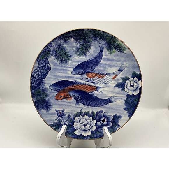 Japanese Vintage Koi Fish and Lotus Blue 12" Charger/Small Platter Collectible - Picture 4 of 14